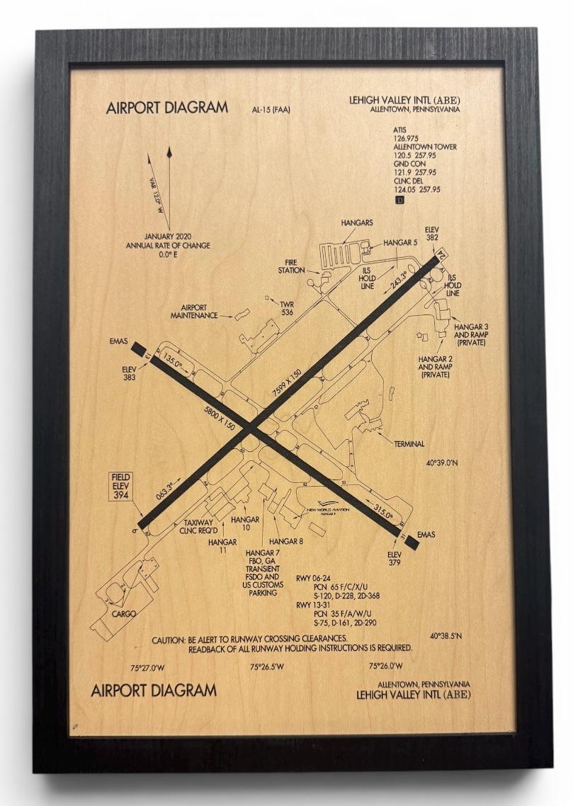 Custom Airport Diagram Wall Art: Laser Engraved Aviation Decor (11" x 16")