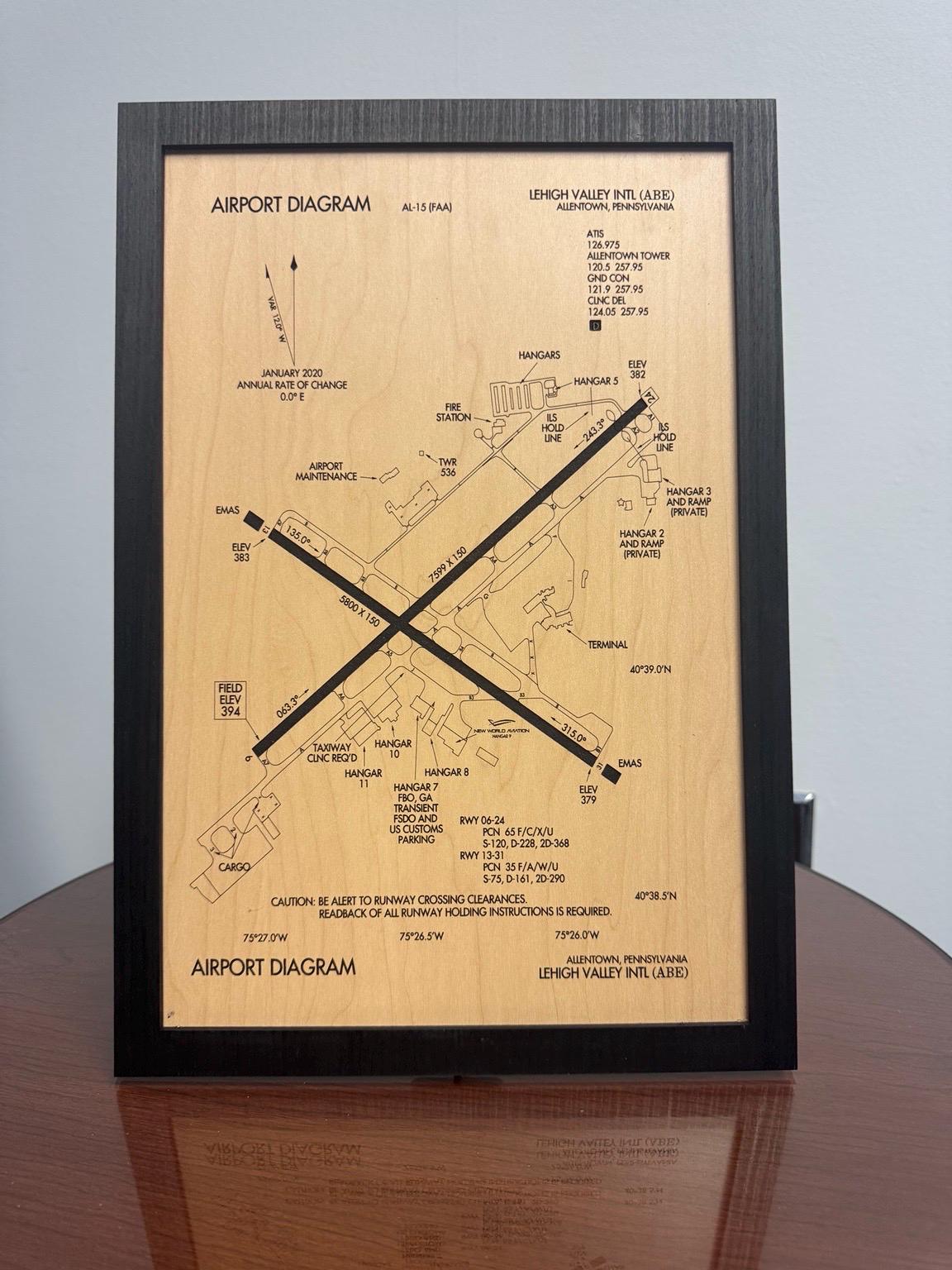 Custom Airport Diagram Wall Art: Laser Engraved Aviation Decor (11" x 16")
